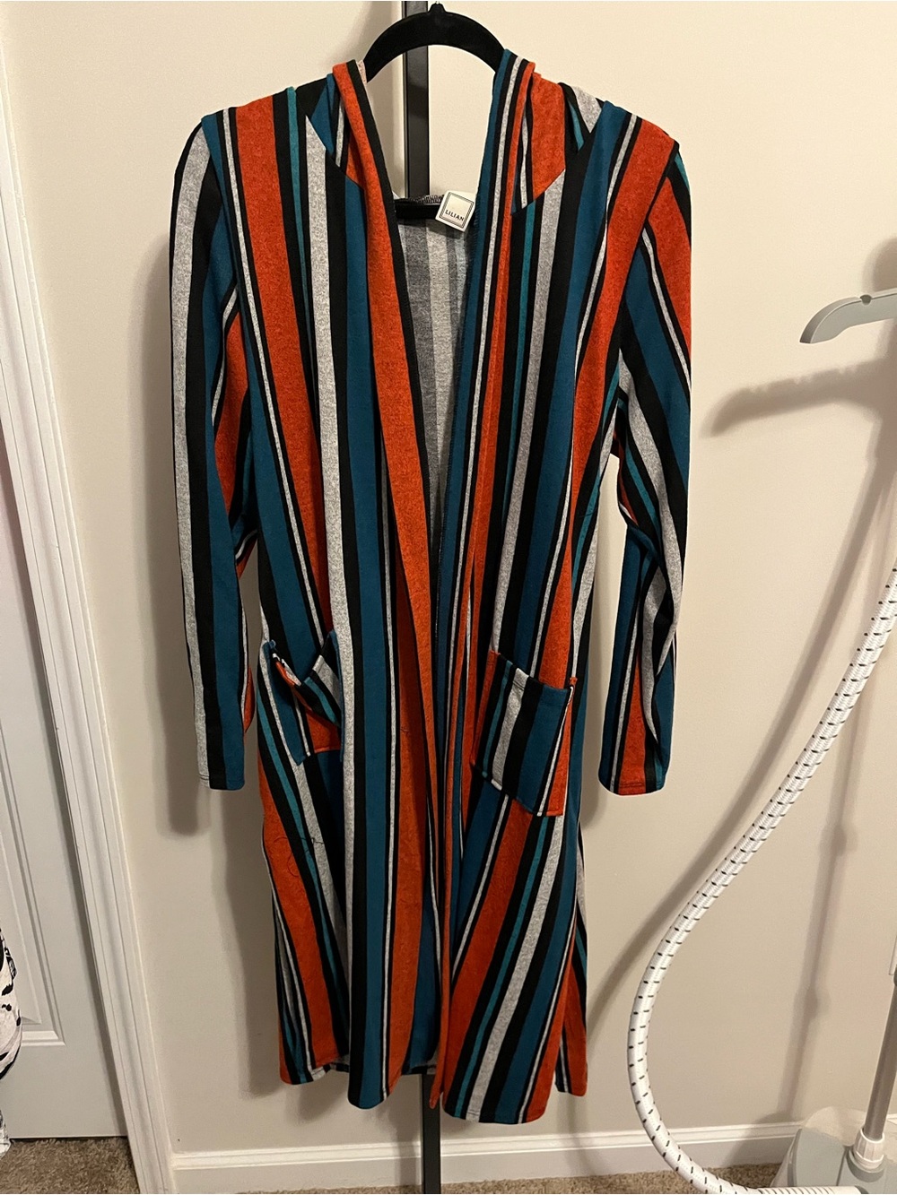 Liliana Striped Hooded Longline Cardigan in Orange & Teal